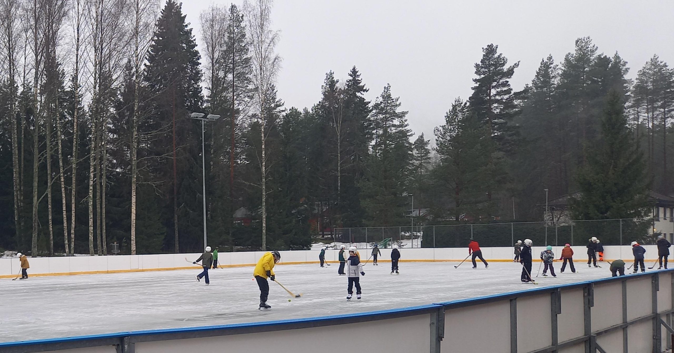 kuvassa jääkiekkokaukalo, jossa lapset luistelemassa ja pelaamassa jääkiekkoa